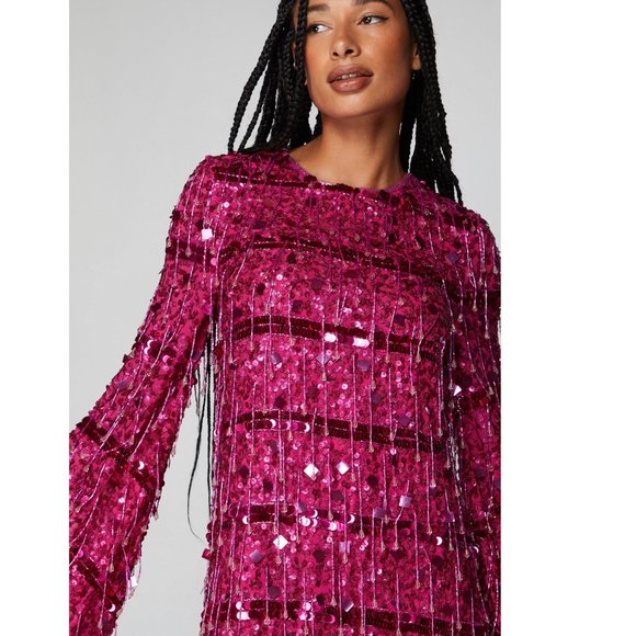 Hot Pink Beaded Tassel Flare Sleeve Mini Dress - Picture 3 of 8